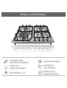 Parrilla de gas empotrable de 4 quemadores de acero inoxidable EXQUISIT Marca Supra