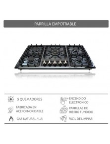 Parrilla de gas empotrable de 5 quemadores de acero inoxidable negro 5Q-EB-87 Marca Supra